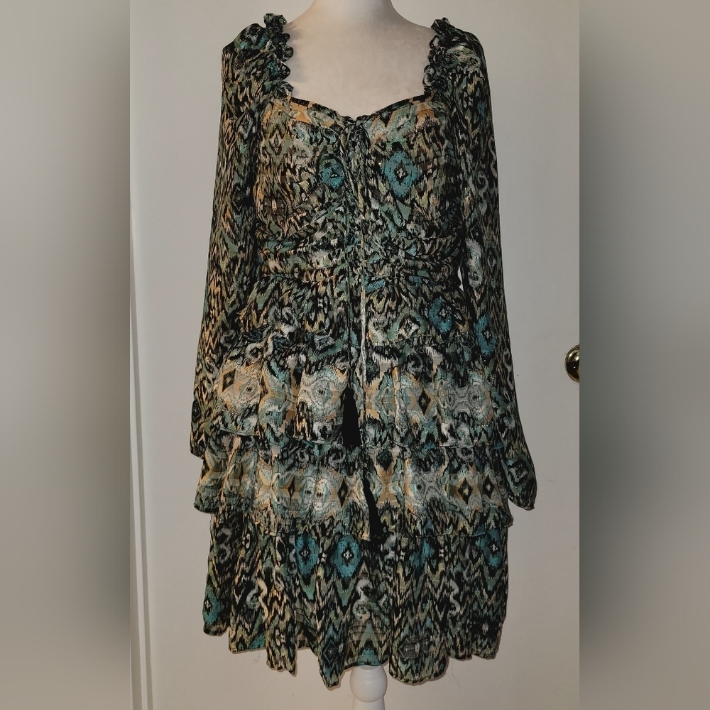 Miss Me Womens Print Ruffle Dress, Size Medium, Neck tied straps